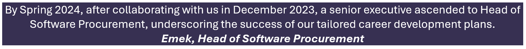 By Spring 2024, after collaborating with us in December 2023, a senior executive ascended to Head of Software Procurement, underscoring the success of our tailored career development plans. - Emek, Head of Software Procurement